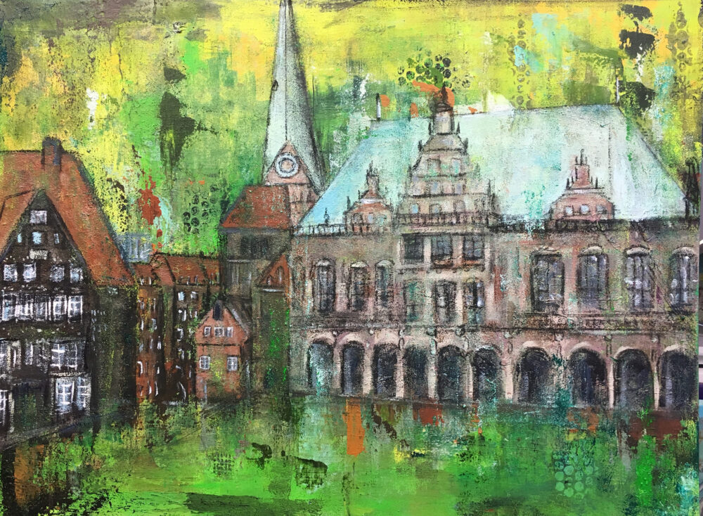 Gemälde Rathaus Hansestadt Bremen in Grüntönen abstrahiert