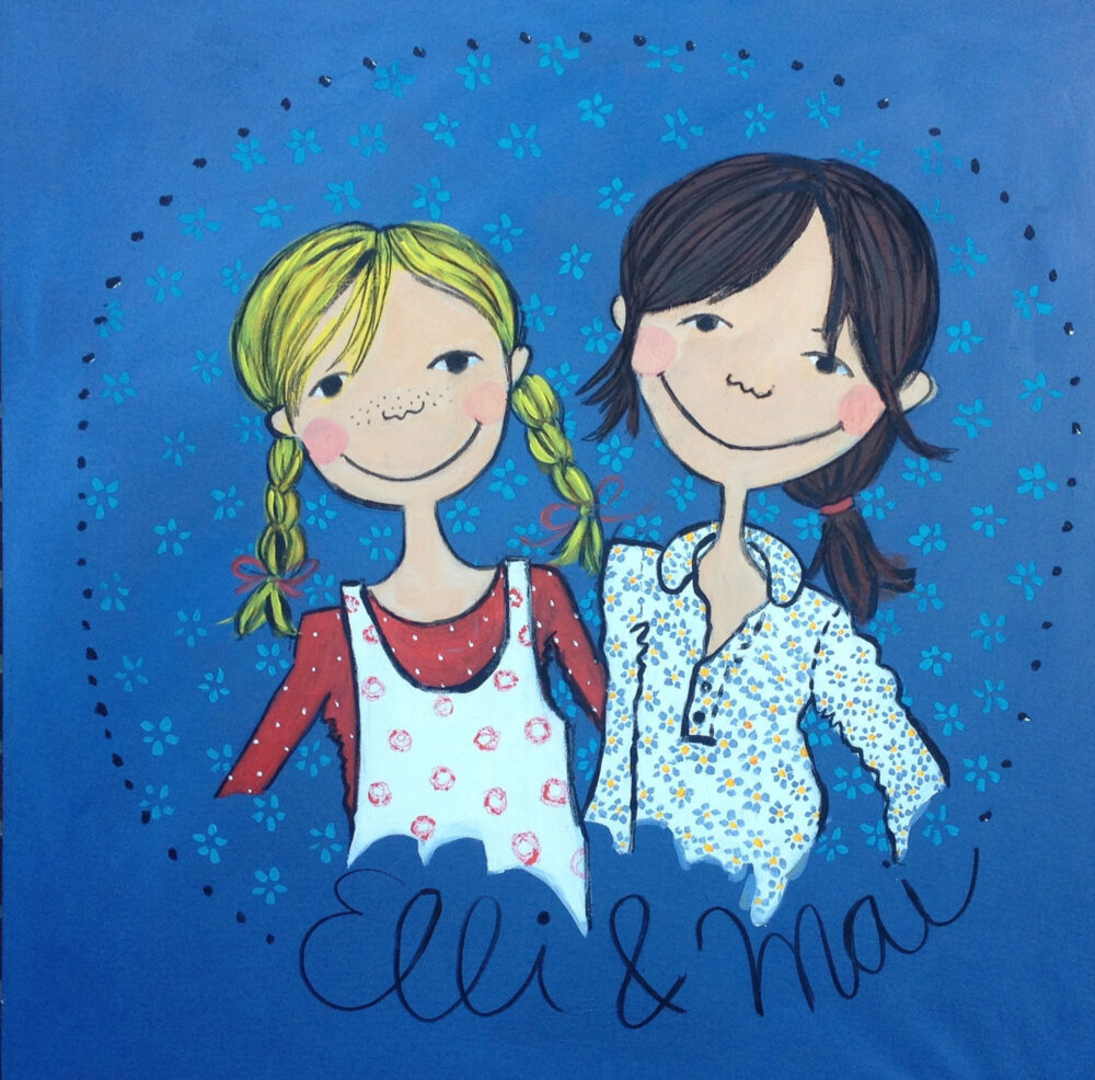 Das Gemälde Elli und Mai zeigt im Stil der Kinderbuchmalerei die Kinder des Logos des Kindermodegschäftes Elli und Mai in Lüneburg. Die beiden Mädchen sind blond und braunhaarig und tragen Zöpfe, der Hintergrund ist blau.