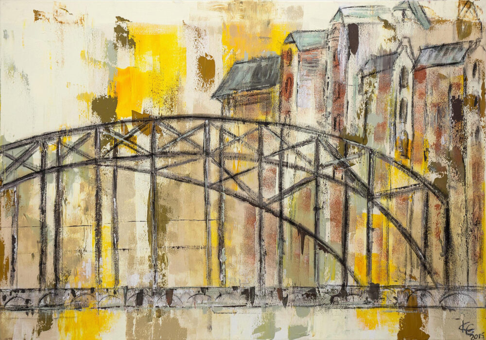 Gemälde Hamburg Brücke Speicherstadt in Braun- und Gelbtönen abstrahiert