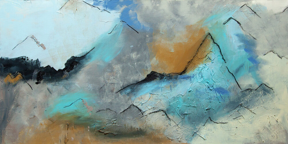 Das Gemälde In den Bergen zeigt eine Gebirgslandschaft aus Gipfelsicht. Angedeutete Berge, abstrakte Impression eines Gebirges in sanften Blautönen mit Weiss.