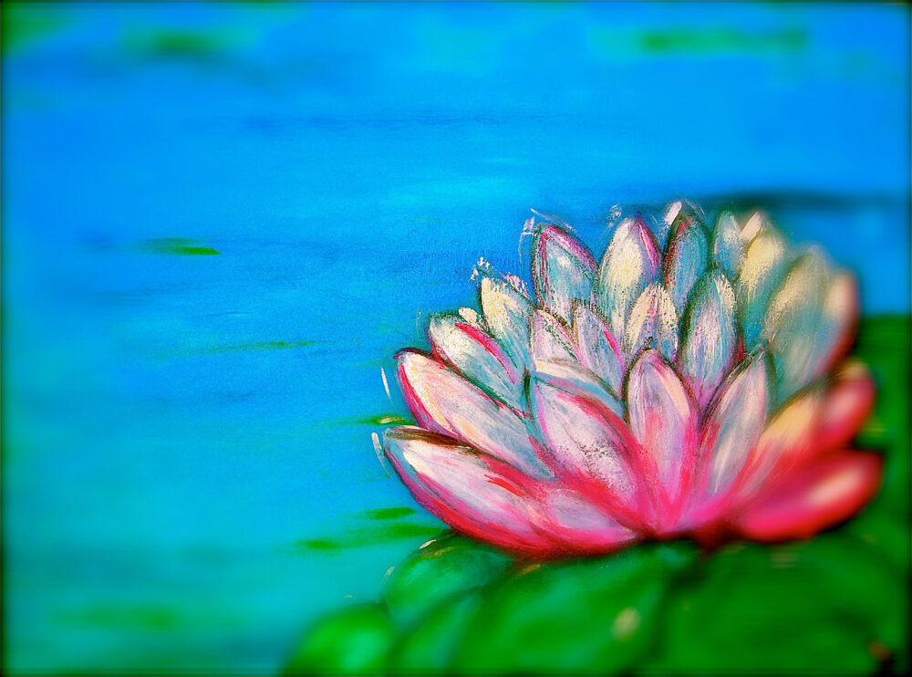Das Gemälde Kleine Seerose zeigt vorne rechts eine Seerose in den Farben weiss, pink und rosa, teils scharf, auf grünem Blatt. Der See im Hintergrund ist verschwommen blau. Das Gemälde soll an Fotos erinnern, die einen Teil des Abgebildeten unscharf maskiren.