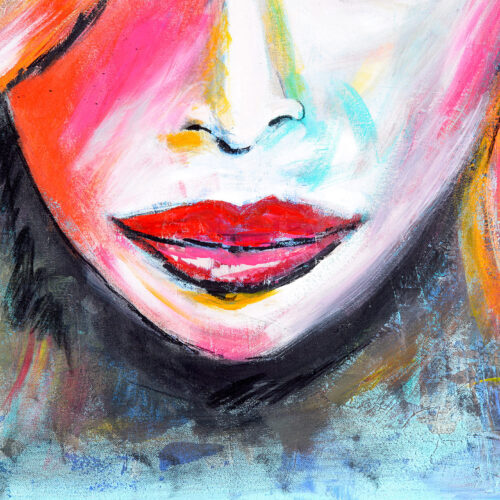 Gemälde Kussmund ist eine expressionistische Impression der unteren Gesichtshälfte einer Frau mit rotem Kussmund in kräftigen Farben (Rot, Orange, Blau, Weiss, Gelb, Schwarz, Braun, Ocker, Pink) mit abstrakten Elementen. Zu sehen sind Nase, Mund, Kinnpartie und ein Teil der Haare.