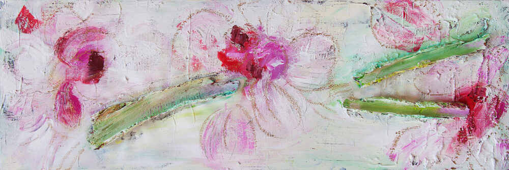 Das Gemälde Lilien abstrakt zeigt eine Impression einer Lilie in hellen Tönen mit Holzinstallation. Farben: Rosa, Pink, Rot, Weiss, Hellgrün