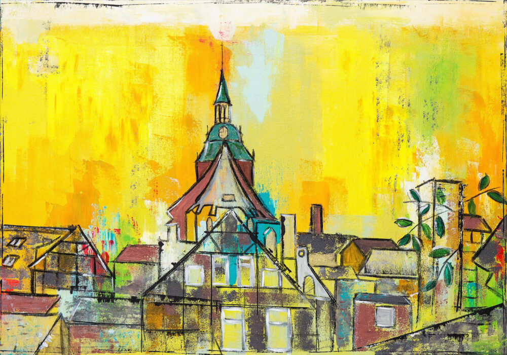 Das Gemälde Lüneburg Michaelis Hinterhofblick zeigt den Blick von der Lüneburger Salzstrasse auf die Michaeliskirche und mehrere Altstadthäuser in Gelbtönen mit farbenfrohen Akzenten. Es ist typisch für Karin Greife im Detail reduziert, der Himmel ist sonnengelb, die mittelalterlichen Häuser strahlen. Vorne rechts sieht man grüne Blätter.