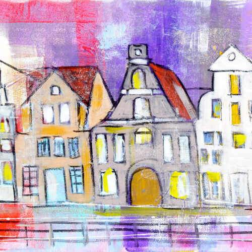 Das Gemälde Sommerstint Lüneburg ist eine Impression des Stintmarktes Lüneburg mit Lila-, Rot- und Rosatönen. Fröhliche Sommerstimmung in einer der bekanntesten Strassen der aus der ARD-Telenovela bekannten "Rote-Rosen"-Stadt.