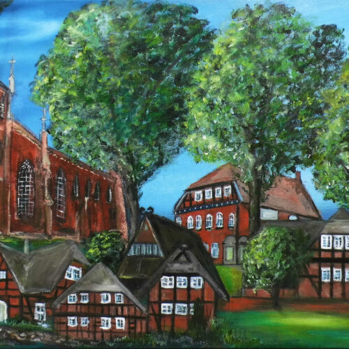 Das Gemälde des Ortes St. Dyonis, Ortsteil Barum, bei Lüneburg zeigt die St.-Dionysius-Kirche und einige typische Heidehäuser mit Fachwerk und Reetdach zur Sommerzeit unter Bäumen in natürlichen Farben