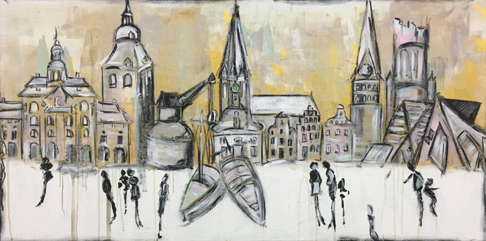 Gemälde Lüneburg Winterleben. Das Bild zeigt die Lüneburger Wahrzeichen Rathaus, Michaeliskirche, Alter Kran, Nicolaikirche, Altes Kaufhaus, Hansegiebel-Häuser des Platzes Am Sande, Johanniskirche, Wasserturm, Ewer und Libeskind-Zentralgebäude der Leuphana-Universität an einem Wintertag in leuchtenden Farben. Die Häuser sind schneebedeckt, der Himmel leuchtet golden. In der Farbe Rosa wurden Akzente gesetzt. Vorne im Bild sind in schwarz und grau Personen in Bewegung skizziert/ angedeutet. Die Atmosphäre ist fröhlich.