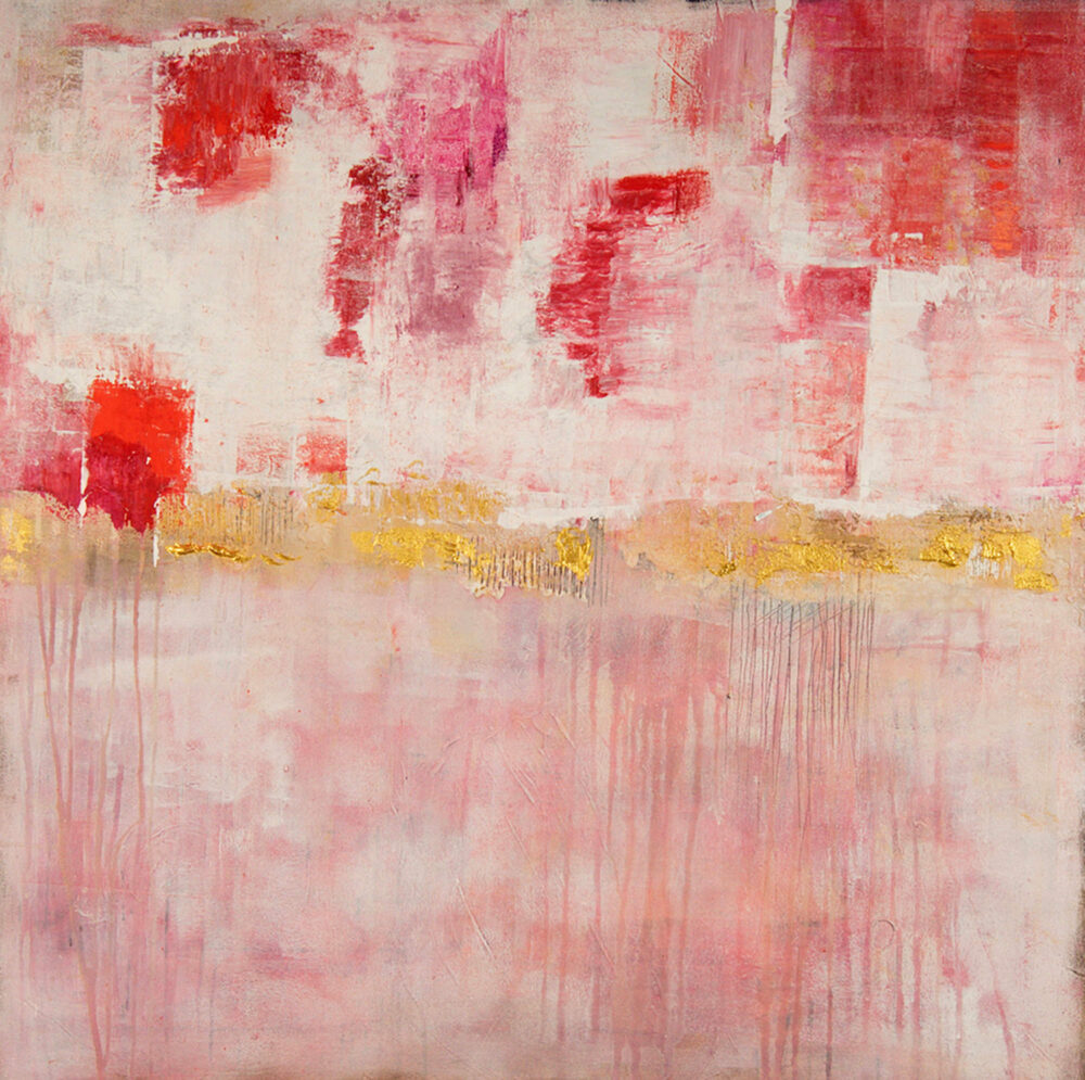 Das Gemälde Redrose zeigt mittig eine goldene Fläche, unten auf einer altrosa Fläche verläuft Farbe, oben sind rote, rosa, pinkfarbene und orange Flächen mit auf weissem Hintergrund aufgetragen