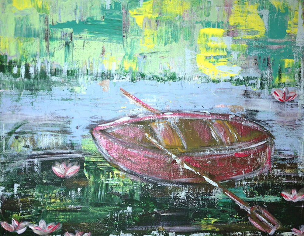Das Gemälde Kleines Ruderboot mit Seerosen am Ufer zeigt ein kleines, rotes Ruderboot in Ufernähe auf einem See mit Seerosen im abstrahierten Stil