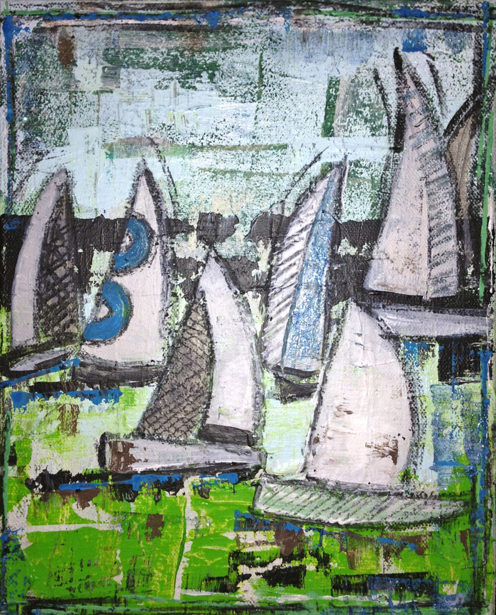 Das Gemälde Segelboote zeigt eine Segelregatta, wei0e Segelboote vor abstraktem Hintergrund
