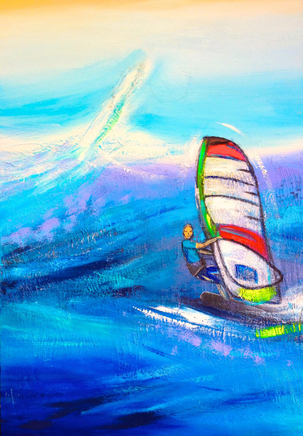 Das Gemälde Surfing zeigt einen Surfer in den Meereswellen vor blauem Himmel
