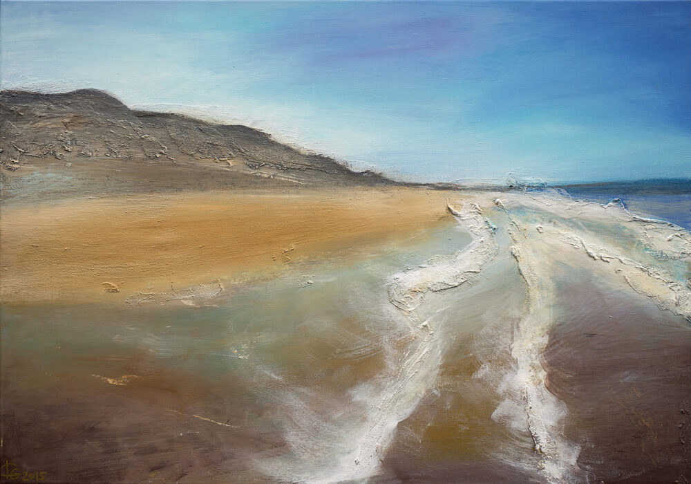 Das Gemälde Sylt Strand ist eine Impression vom Sylter Strand (Westerland) mit Düne und Himmel in natürlichen Farben: Sandfarben, weisse Gischt, Blau-, Beige und Brauntöne.