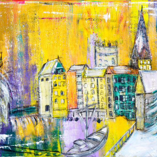 Gemälde Weihnachten am Stintmarkt in Gelb- und Goldtönen mit Lila Wasserviertel