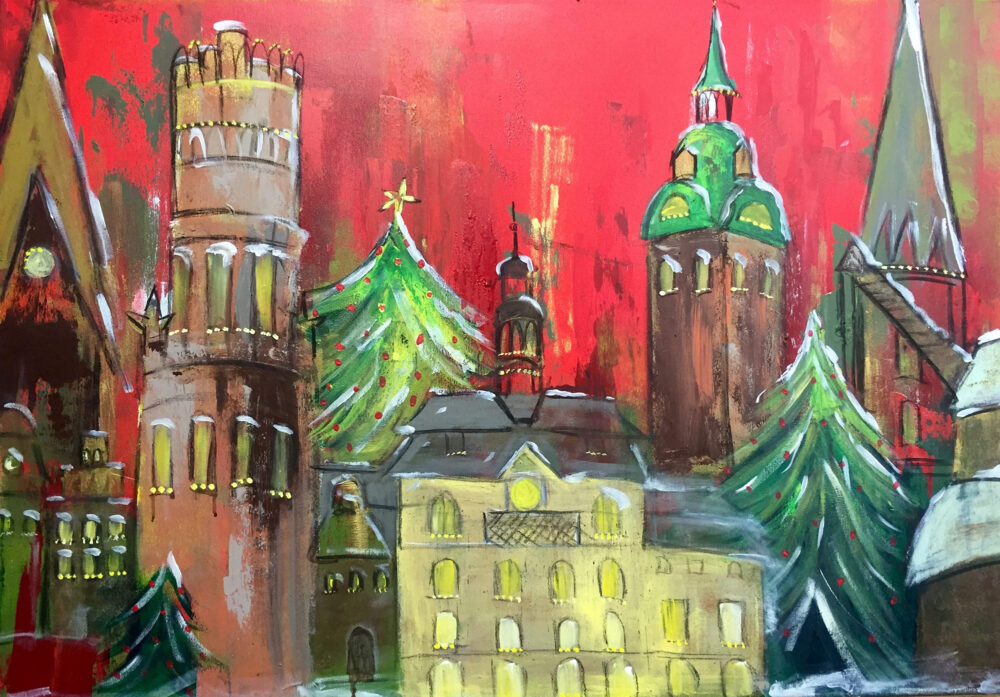Gemälde Weihnachtliches Lüneburg mit den Lüneburger Wahrzeichen Johanniskirche, Wasserturm, Rathaus, Michaeliskirche, Nicolaikirche, Alter Kran, Tannenbäumen