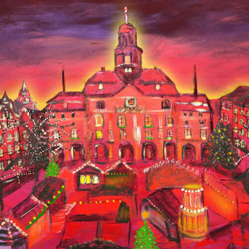 Gemälde Weihnachtsmarkt Lüneburg in Rottönen mit Tannenbäumen Lichterketten