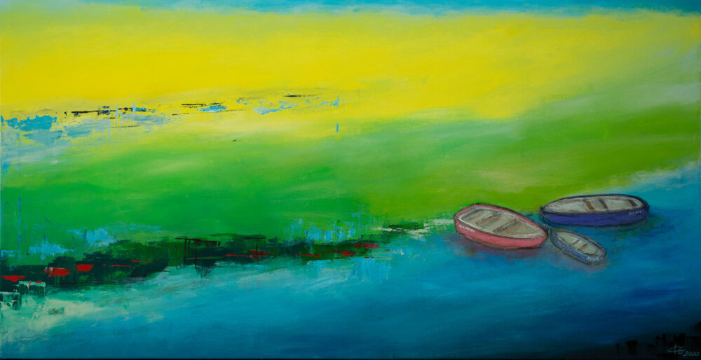 Gemälde Flusslandschaft von Karin Greife, Boot fahren, Seeufer, Urlaub, Strand, Atmosphäre, Kunst, Malerei, Karin Greife
